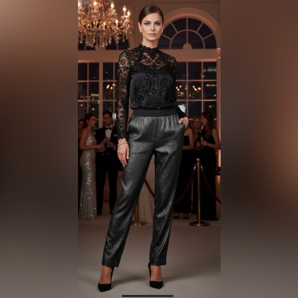 NWT $325 GERARD DAREL Linen Black & Silver Parisian Couture Dress Pants Sz: 4
